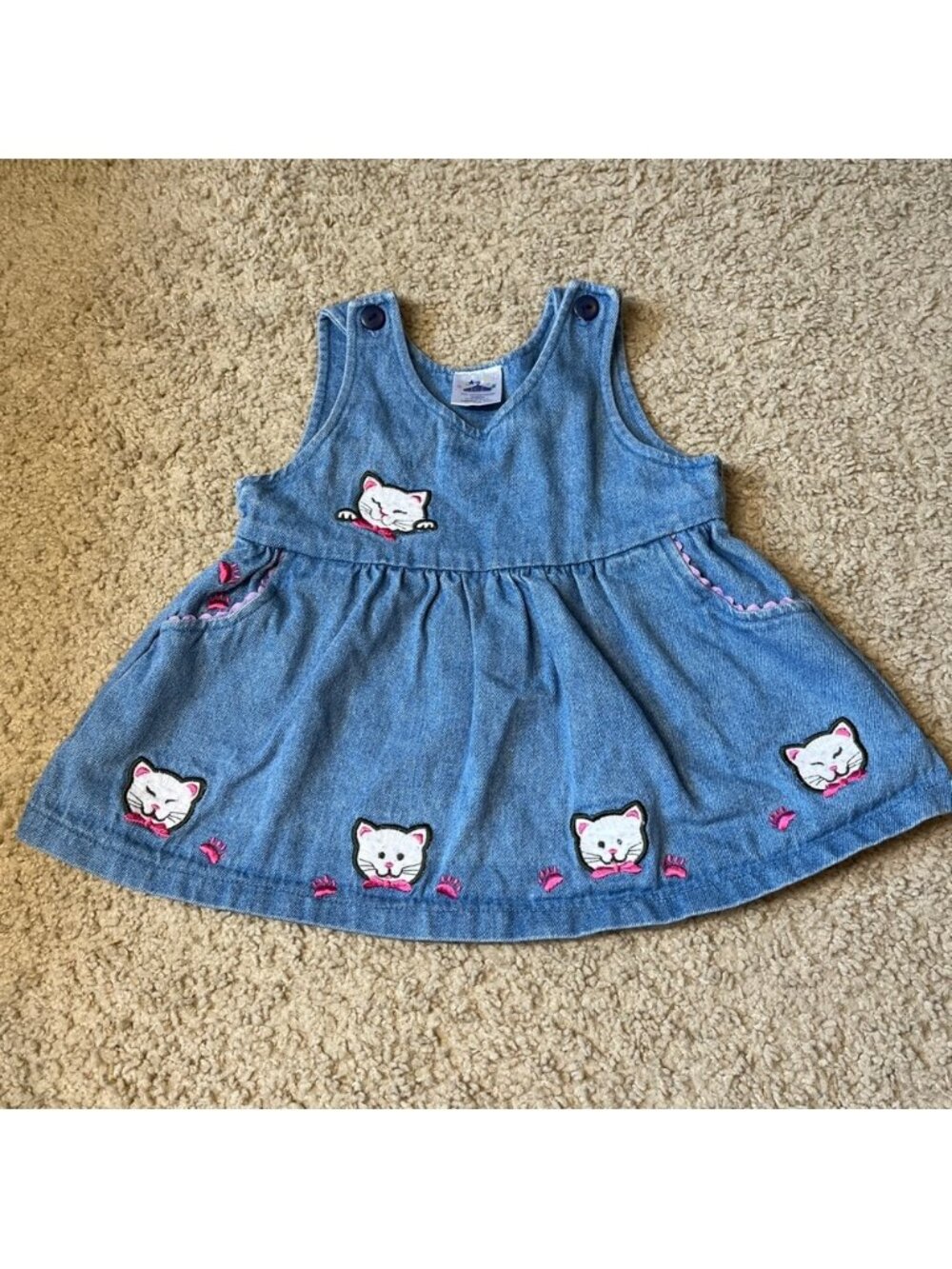 Vintage 90s ICZ 12m Baby Girl Denim Jean Dress Kitty Cats White Embroidered
